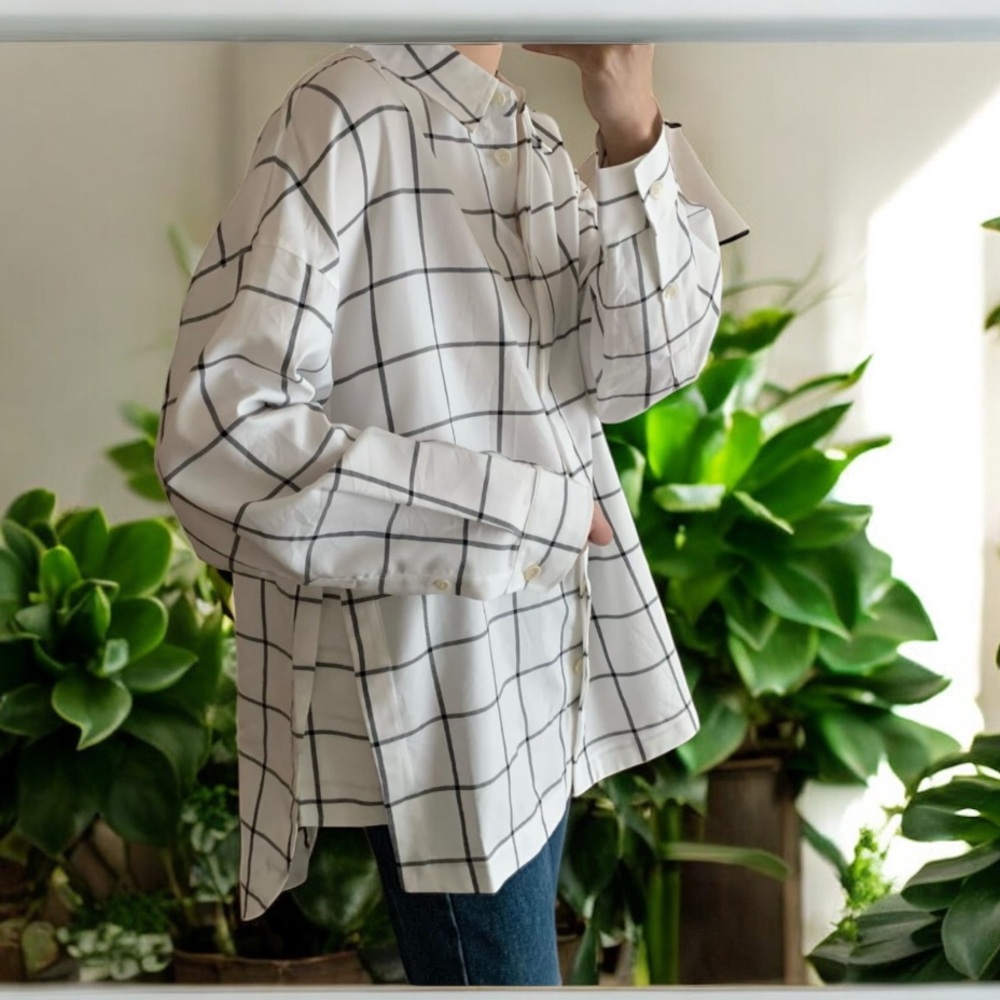 Tibi Windowpane Techy Twill Oversized Gabe Shirt